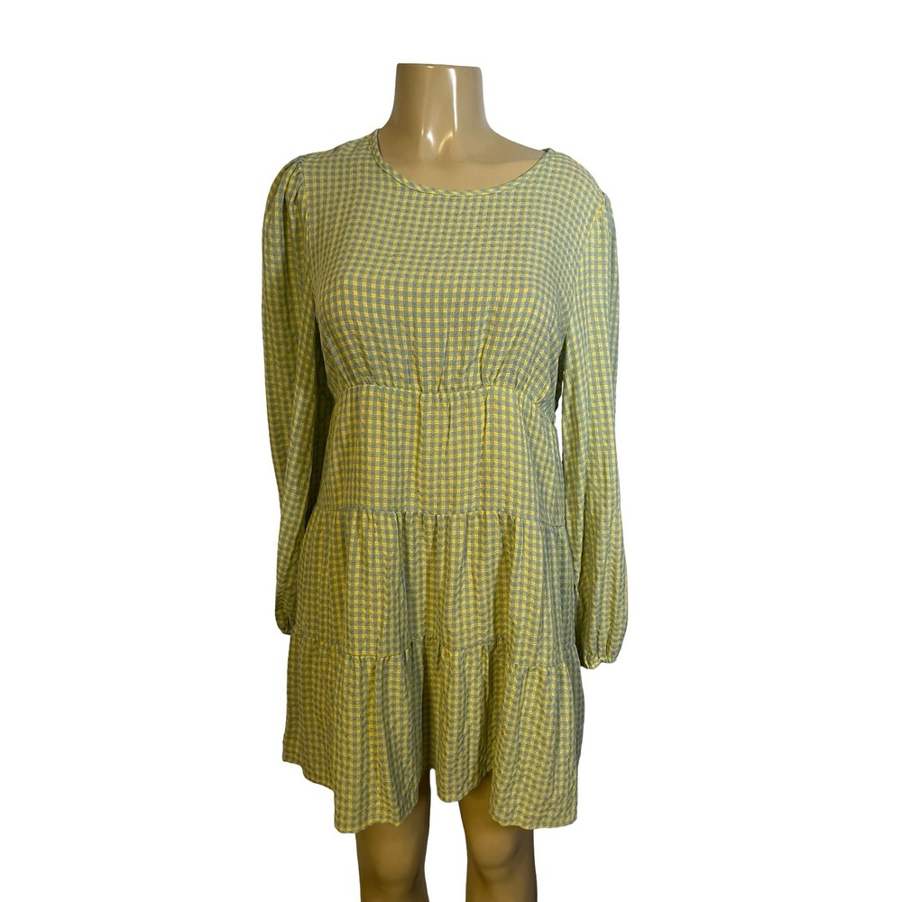 Lumière Mini Babydoll Dress Womens Yellow Blue Gingham Tiered Long Sleeve Large